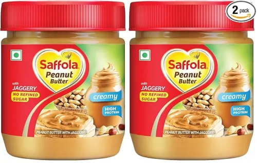 Image of Saffola Peanut Butter with Jaggery, Creamy 350 gm | High Protein Peanut Butter | No Refined Sugar (Pack of 2)