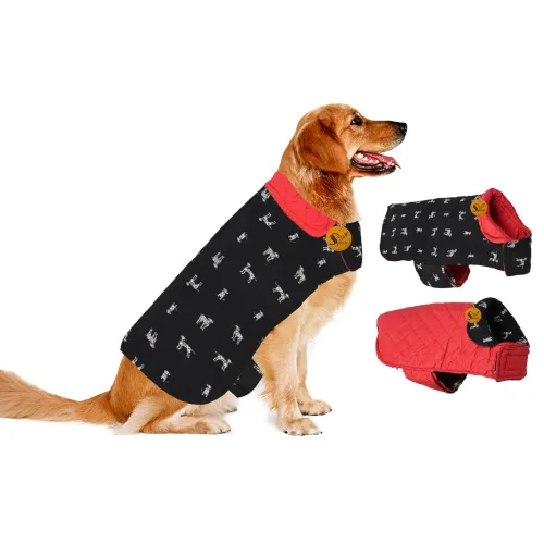 Image of Sage Square Black Printed 3-Layered Reversible Jacket Dog Coat with Trendy Design for Cold Weather