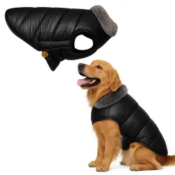 Sage Square Fur-Collar Waterproof Dog Winter Jacket (Black, Medium - 18 Inch)