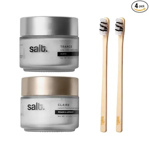 Image of Salt. Oral Care Tooth Powder Combo with 2 Bamboo Toothbrushes