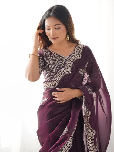 Image of Samah Embroidered, Embellished Bollywood Organza, Silk Blend Saree (Purple)