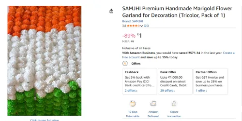 Image of SAMJHI Premium Handmade Marigold Flower Garland for Decoration (Tricolor, Pack of 1)