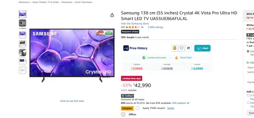 Image of Samsung 138 cm (55 inches) Crystal 4K Vista Pro Ultra HD Smart LED TV