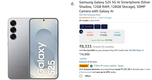 Image of Samsung Galaxy S25 5G AI Smartphone (12GB/128GB, 50MP, Silver Shadow)