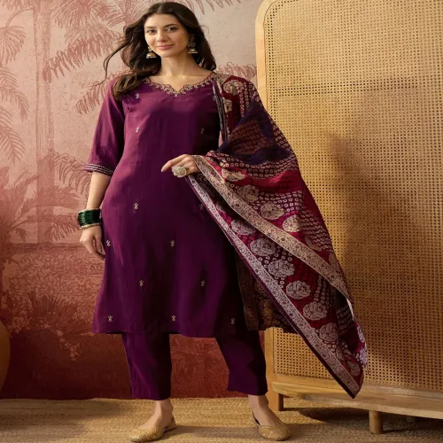 Image of Sangria Embroidered V-Neck Kurta & Trousers Kurta Set