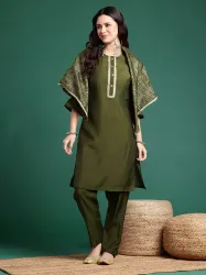 Sangria Round Neck Regular Sequinned Kurta with Trousers & Dupatta