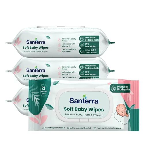 Image of SANTERRA Soft Baby Wipes with 99% Pure Water & Vitamin E, Pack of 4 (288 Wipes), Dermatologically Tested, Eco Safe Formu