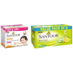 Santoor Baby Soap with Milk Cream, Saffron and Almond Oil, 125g (Pack of 3) & Santoor Aloe Fresh Soap, 125g (Pack of 6) 