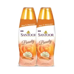 Santoor Beauty Perfumed Talc with Sandalwood Extracts Sandal, Rose, Musk & Geranium Mint Fragrance| Absorbs Excess Moisture| Dermatologically Tested| For All Skin Types (150g, Pack of 2)