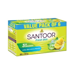 Santoor Fresh Skin Aloe Vera & Lime Bathing Soap 125g, Pack of 6