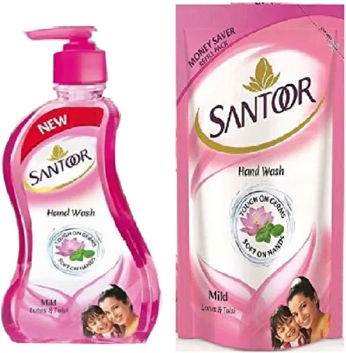 Image of SANTOOR Lotus & Tulsi Hand wash 215+180 Hand Wash Bottle (2 x 197.5 ml)
