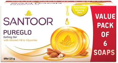 Image of Santoor PureGlo Glycerine Bathing Bar Soap with Almond Oil for Nourished & Glowing Skin  (6 x 125 g)