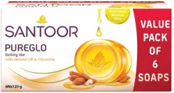 Santoor PureGlo Glycerine Bathing Bar Soap with Almond Oil for Nourished & Glowing Skin  (6 x 125 g)