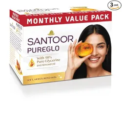Santoor PureGlo Glycerine Soap with Almond Oil and Glycerine, 125g for Nourished Glowing Skin