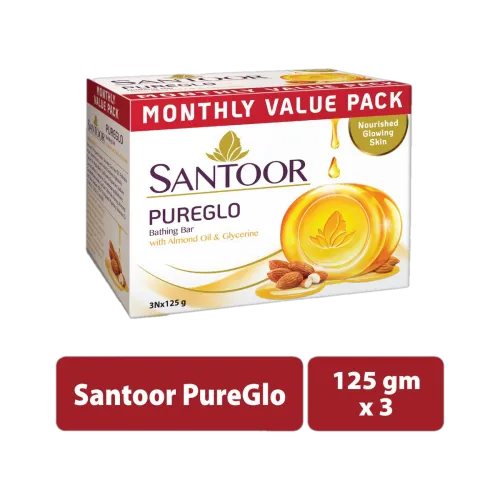 Image of SANTOOR PureGlo Glycerine Bathing Bar Soap with Almond Oil for Nourished & Glowing Skin (3 x 125 g)