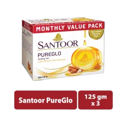 SANTOOR PureGlo Glycerine Bathing Bar Soap with Almond Oil for Nourished & Glowing Skin (3 x 125 g)