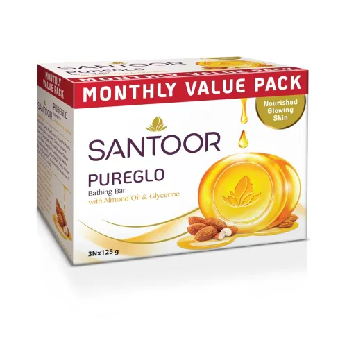Image of Santoor PureGlo Glycerine Soap with Almond Oil and Glycerine, 125g for Nourished Glowing Skin
