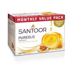 Santoor PureGlo Glycerine Soap with Almond Oil and Glycerine, 125g for Nourished Glowing Skin