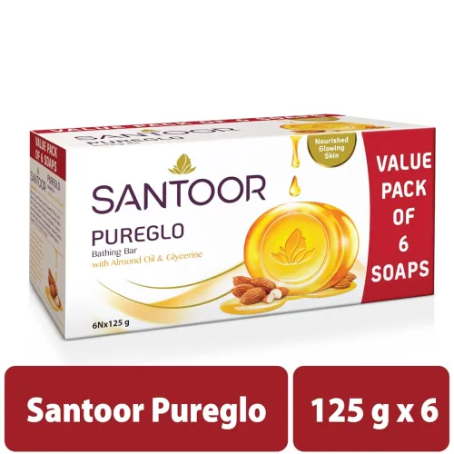Image of Santoor PureGlo Glycerine Soap with Almond Oil and Glycerine, 125g (Pack of 6) for Nourished Glowing Skin
