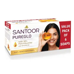 Santoor PureGlo Glycerine Soap with Almond Oil and Glycerine, 125g (Pack of 6) for Nourished Glowing Skin
