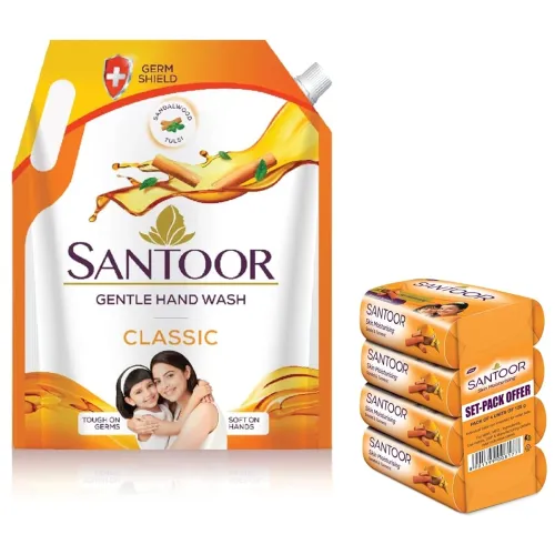 Image of Santoor Sandal and Turmeric Soap (Pack of 4 soaps 125g each) & Santoor Classic Handwash, 1500ml