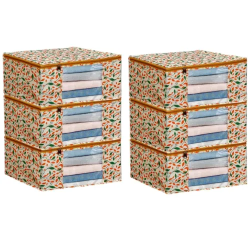 Image of Saree Covers with Zip – 9 Inch, Non-Woven, Orange Patti Design, Wardrobe Organizer, Clothes Storage Bag with Transparent