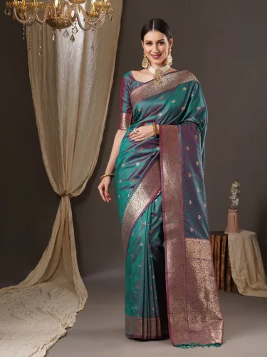 Image of Sareemall Woven Banarasi Silk Blend Saree (Light Green)
