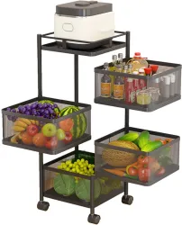 Sasimo Kitchen Rack 4 Tier Square Rotating Stand, Basket Organizer, Portable Storage