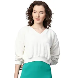 Sassafras Women V-Neck Faux Fur Crop Sweatshirt