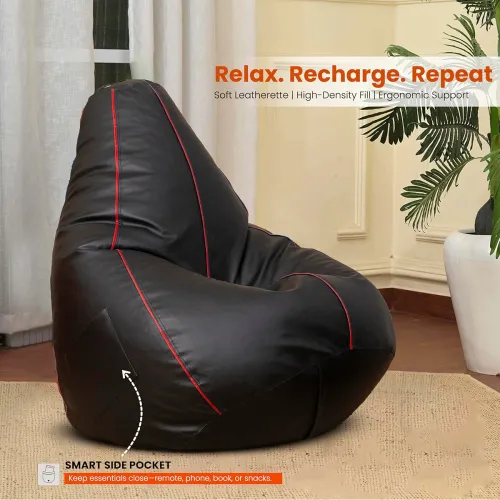 Image of Sattva Classic Piping XXXL Bean Bag with Pocket Filled with Beans Faux Leather Teardrop