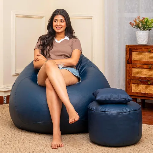 Image of Sattva Classic XXXL Combo Bean Bag with Footstool & Cushion | Faux Leather Teardrop Bean Bag for Adults & Teens |