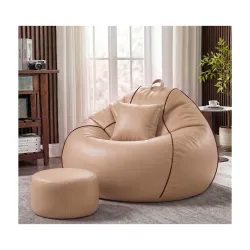 Sattva Piping 3XL Sofa Style Bean Bag Chair with Beans Filled | Faux Leather Bin Bags Combo with Footstool & Cushion | Pre-Filled Large Beam Bag for Adults, Living Room & Bedroom - Beige/Bro...