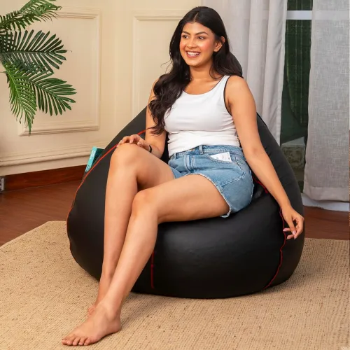 Image of Sattva Classic Piping XXXL Bean Bag with Pocket Filled with Beans | Faux Leather Teardrop Bean Bag for Adults & Teens | 