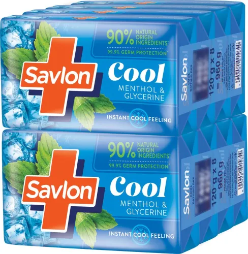 Image of Savlon Cool Soap, With Menthol & Glycerin, Bathing Soap, For All Skin Types, 120g x8 (8 x 120 g)
