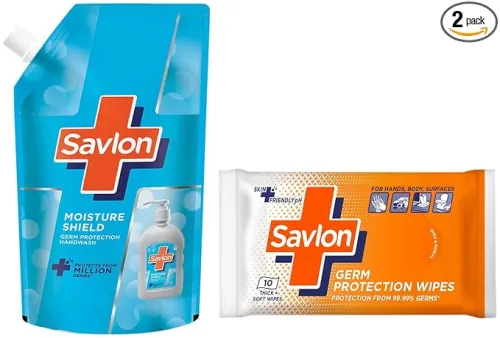 Image of Savlon Moisture Shield Germ Protection Liquid Handwash Refill Pouch, 725 ml & Savlon Germ Protection Wipes 10 Nos Pack
