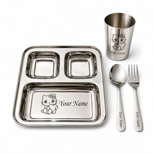 Image of SAVRI Personalized Stainless Steel Mealtime Dish Name Character Engraved 4-Piece