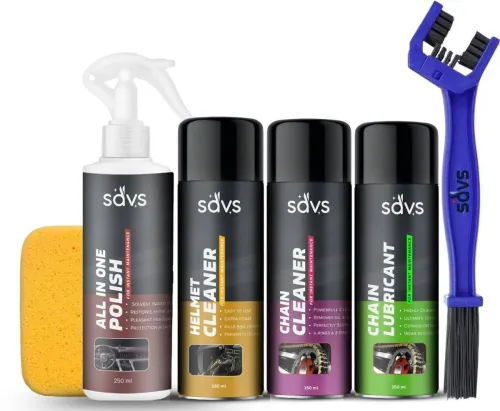 Image of SAVS Combo Of Chain Cleaner + Chain Lubricant + Helmet Cleaner + Bike Polish With Cleaning Brush | Shines & Protects Cha
