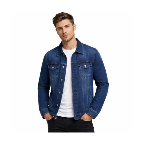 Image of Scoob Men’s Lightweight Breathable Denim Jacket | Dark Blue Slim Fit Casual Jeans Jacket for Men | Full Sleeve Button Do