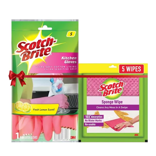 Image of Scotch-Brite Rubber Kitchen Gloves and Sponge Wipe Combo