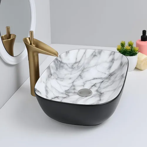 Image of SEA SHORE Luxury Ceramic Table Top Wash Basin – Slim Rim Vessel Sink in Black & White