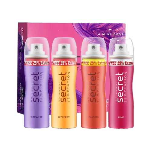 Image of secret temptation Travel Pack with Pink, Romance, Mystery and Passion Mini Deodorant Spray - For Women (200 ml, Pack o