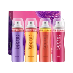 secret temptation Travel Pack with Pink, Romance, Mystery and Passion Mini Deodorant Spray - For Women (200 ml, Pack o