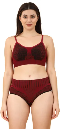 Image of secretlove Bra & Panty Set Self Design Maroon Lingerie Set