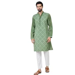 See Designs Men's Full Sleeve Mandarin Collar Embossed Printed Cotton Chanderi Straight Long Kurta - Festive Collection