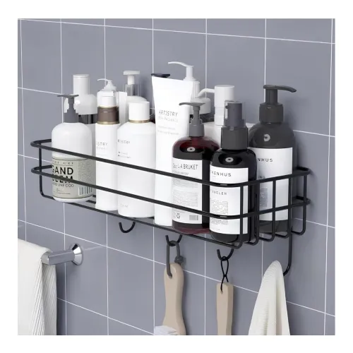 Image of Self-Adhesive Bathroom Shelf with Hooks Wall Mounted Shelf for Bathroom Essentials