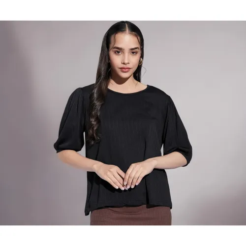 Image of Selvia Textured Lycra Plain Regular fit Round Neck Balloon Sleeve Stylish