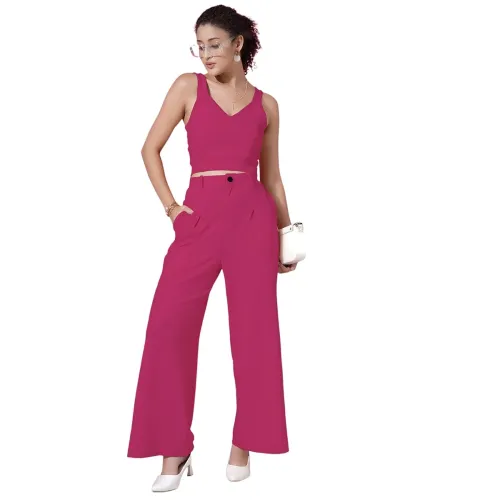 Image of Selvia Women's Co-ords Set|Lycra V-Neck Solid Crop Top and Pant Set|Casual Co-ords Set for Women|Two Piece Co-ord Set|To