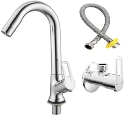 Senkiddpro Brass Kubix Swan Neck with Angle Wall & Connection pipe for Sink/washbasin Trendy Design water Saving Aerator Suitable for Washbasin,Sink,Bathroom &Kitchen Bib Tap Faucet (Deck Mo...