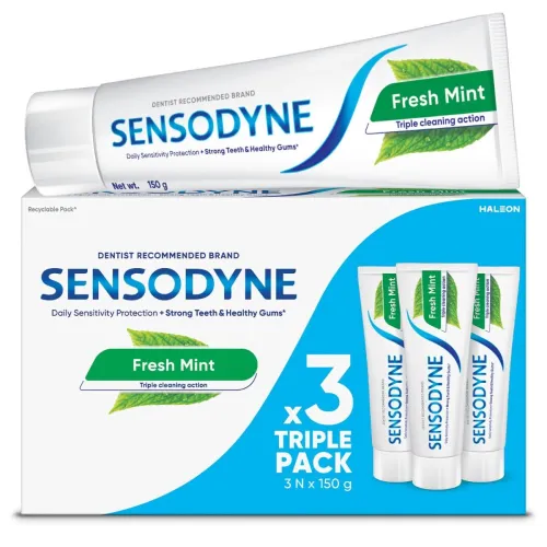Image of Sensodyne Toothpaste Fresh Mint |Daily Sensitivity Relief Tooth Paste Combo Pack - 450gm (150gm x 3) | Everyday Use Past