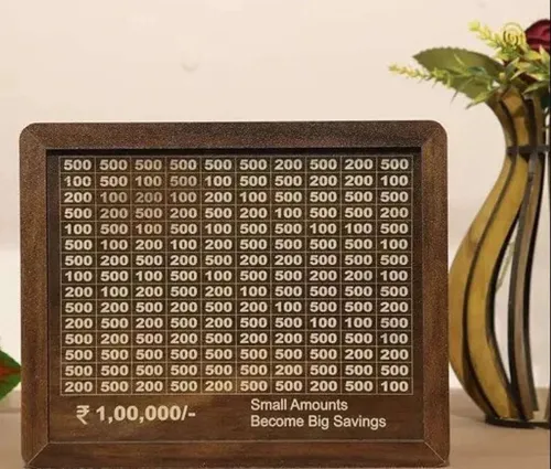 Image of SES Piggy Bank, Money Bank Savings Plan Wooden Money Box with Counter Rs 100000 Coin Bank (Brown)